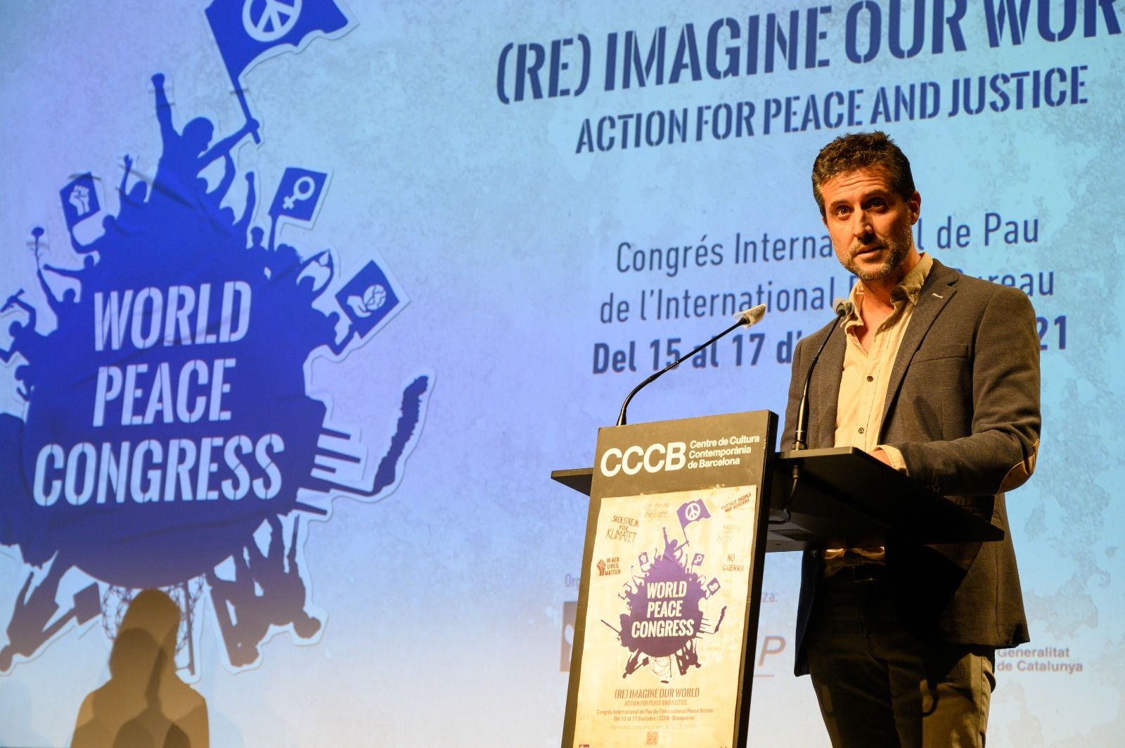 Jordi Calvo, coordinador del Centre Delàs d’Estudis per la Pau y vicepresidente del International Peace Buerau, en la plenaria inaugural del World Peace Congress.